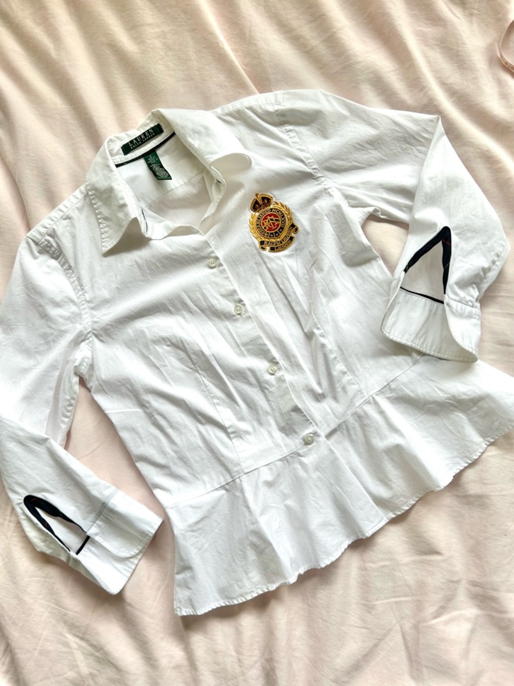 Lauren Ralph Lauren White Collared Shirt with Embroidered Crest & Peplum Waist